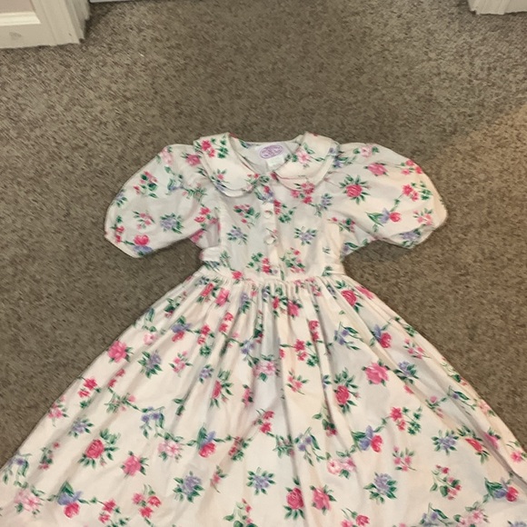 Vtg Plum pudding Ltd cream floral Peter Pan button up front puff sleeve dress 12 - Picture 2 of 4